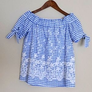 JADE Melody Tam Blue Gingham Women’s Tie Cuff Embroidery Top size XS